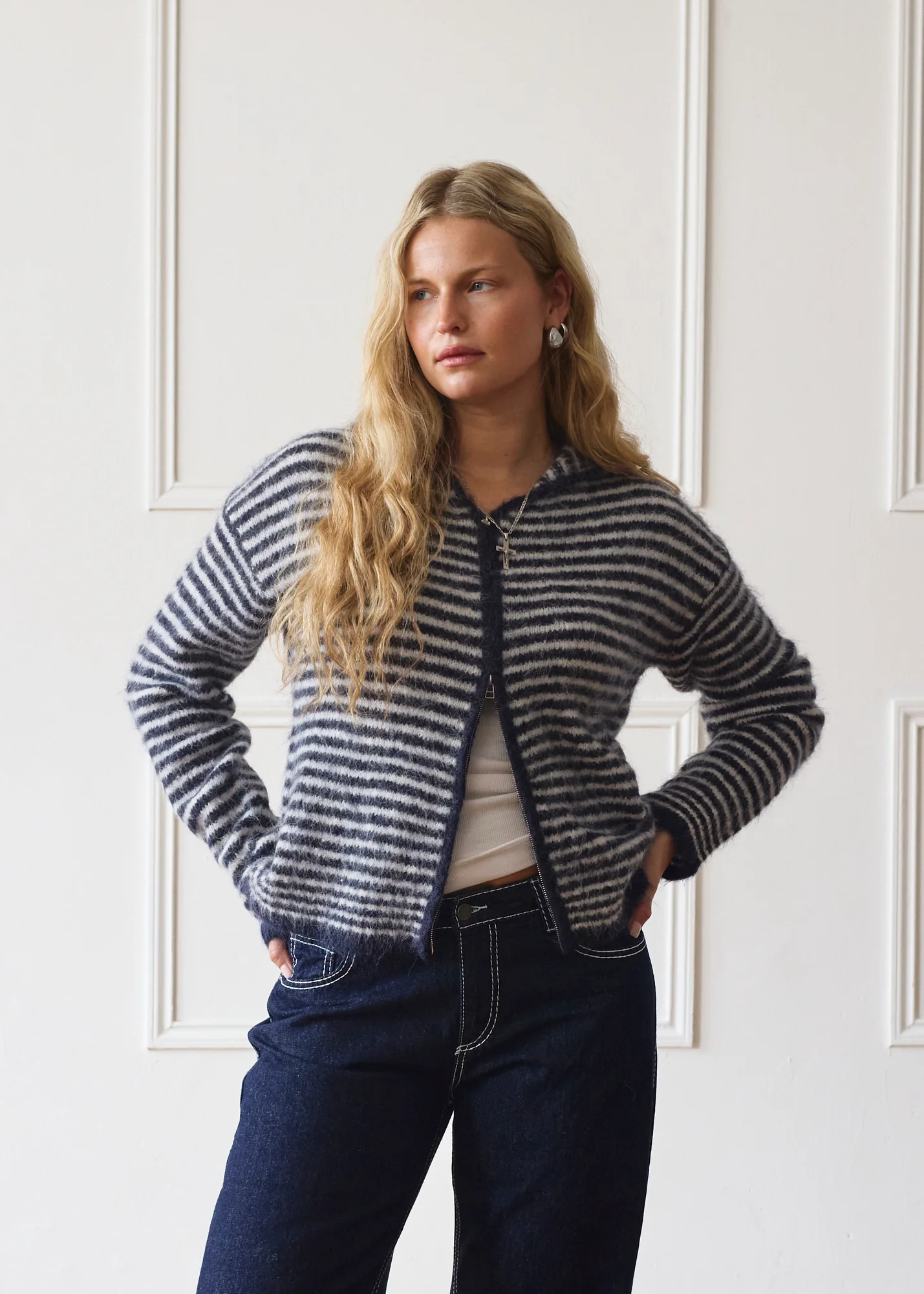 Dual Zip Hoodie - Navy & Cream Stripe - Image 4