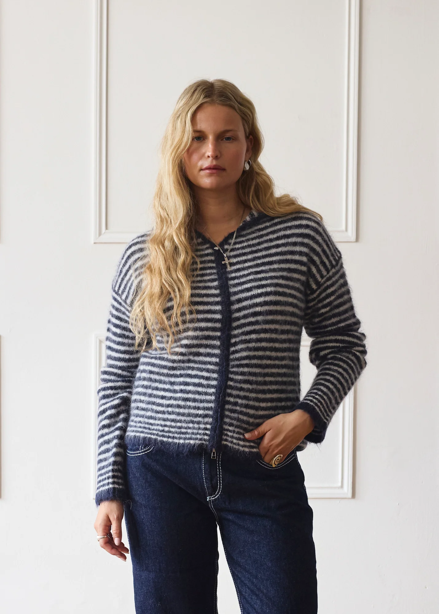 Dual Zip Hoodie - Navy & Cream Stripe - Image 6