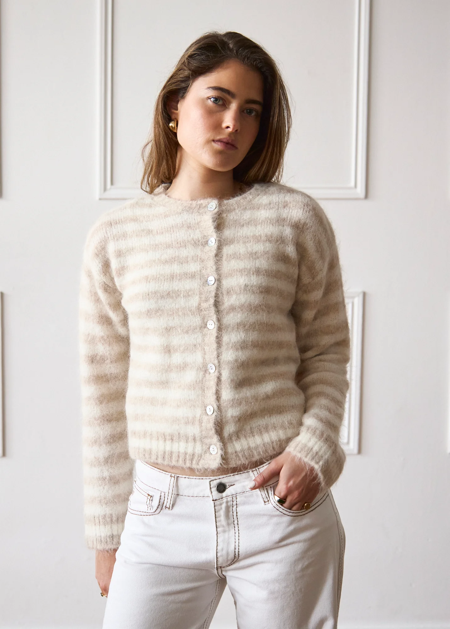 Evie Cardigan - Beige Stripe - Image 3